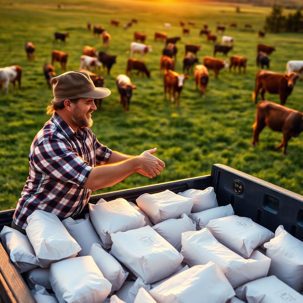 A farmer handing wrapped white-paper packages of beef out of a pickup truck bed to a customer, with grass-fed cattle grazing on green pasture at golden hour behind them.