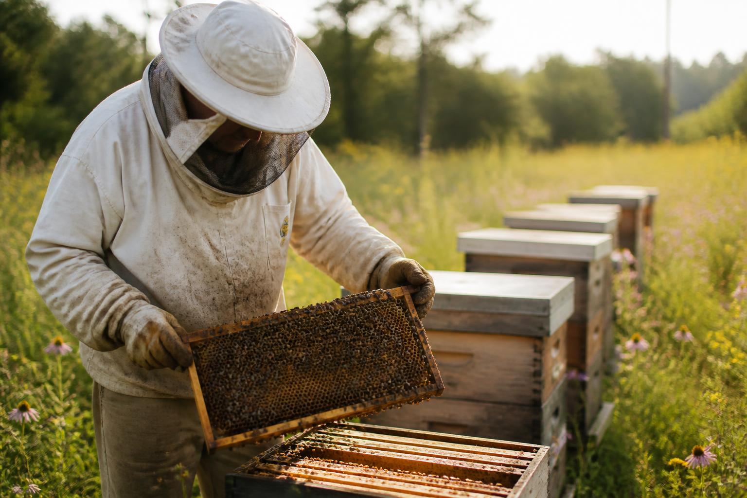 A beekeeper in a white veil lifting a honeycomb frame from a Langstroth hive in a wildflower meadow at golden hour.