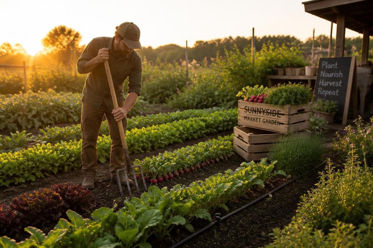 A compact market garden with neat hand-weeded beds, salad greens, radishes, herbs, and a farmer using a broadfork beside harvest crates at sunrise.