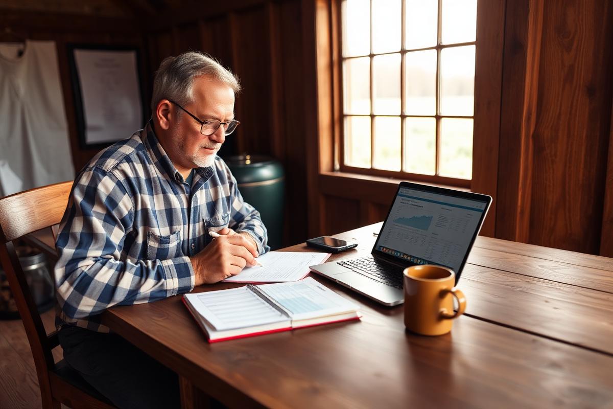 A farmer wearing glasses reviewing handwritten financial ledgers and a laptop with charts on a wooden desk in a warmly lit barn office.
