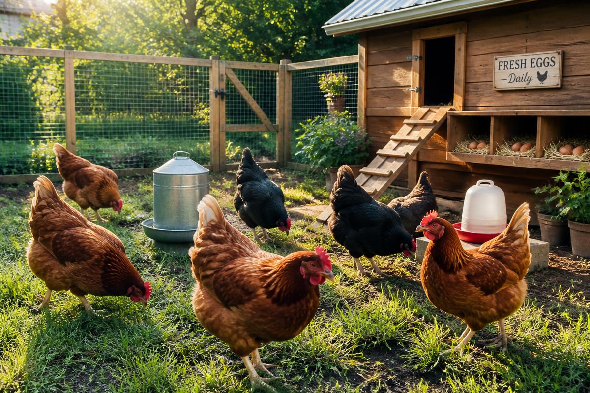 A small backyard flock of healthy laying hens scratching near a secure wooden coop with nest boxes, clean bedding, feeder, waterer, and morning sunlight.