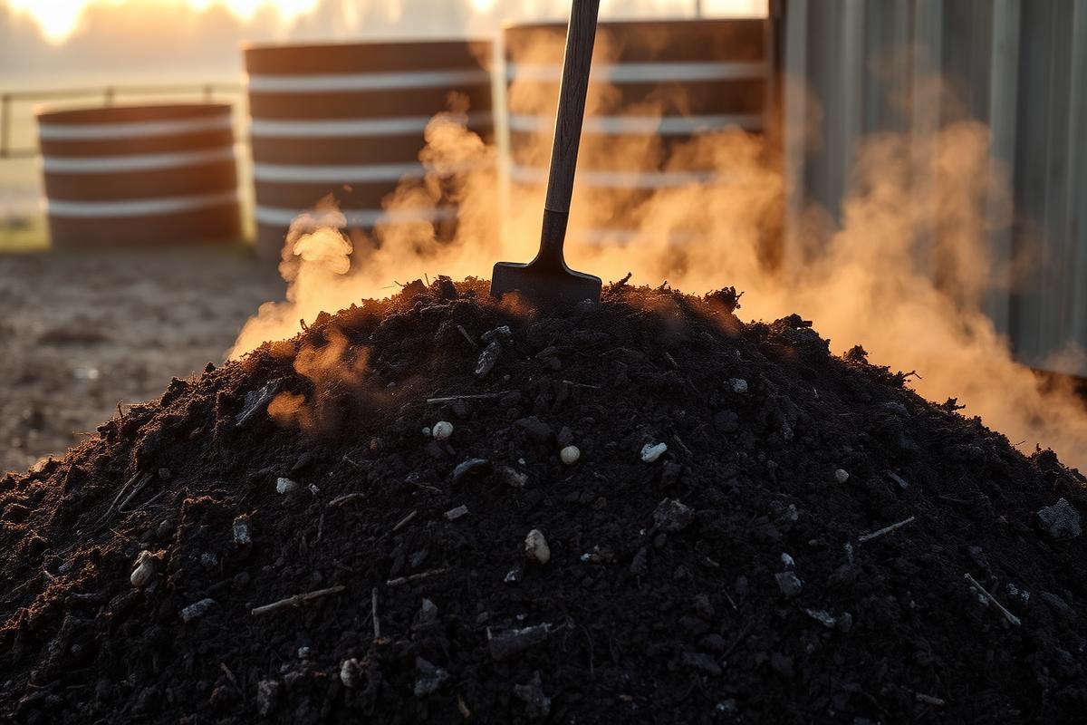 A large steaming compost windrow at sunrise with a pitchfork stuck in the top and dark, finished humus visible on the surface.