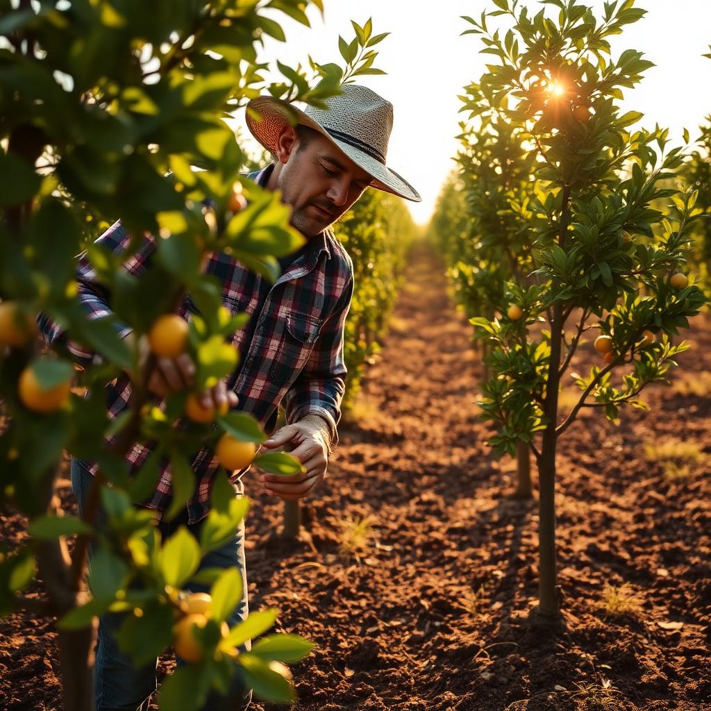 A farmer in a hat inspecting young trees in a clean, well-managed orchard row with tilled soil between the rows in warm morning light.