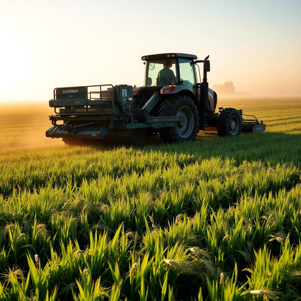A tractor pulling a roller-crimper implement through a tall stand of cereal rye at sunrise, laying the cover crop flat into a dense mulch mat.