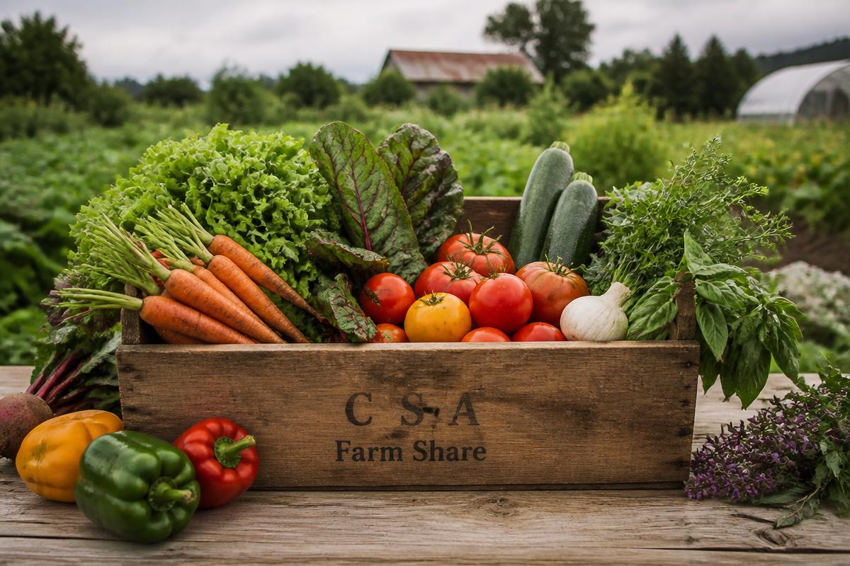 A vibrant crate of fresh organic vegetables ready for a CSA subscriber pickup.