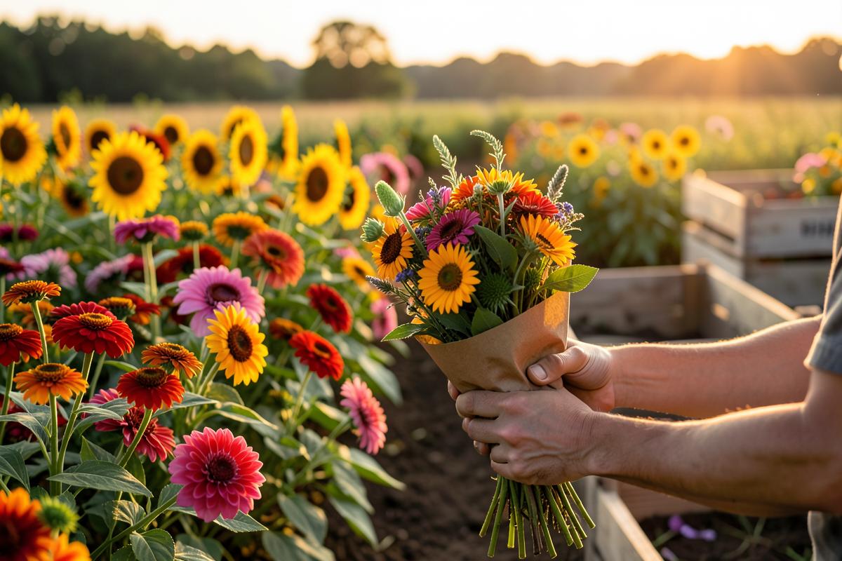 A grower's hands holding a fresh mixed bouquet of zinnias and sunflowers at golden hour on a flower farm.