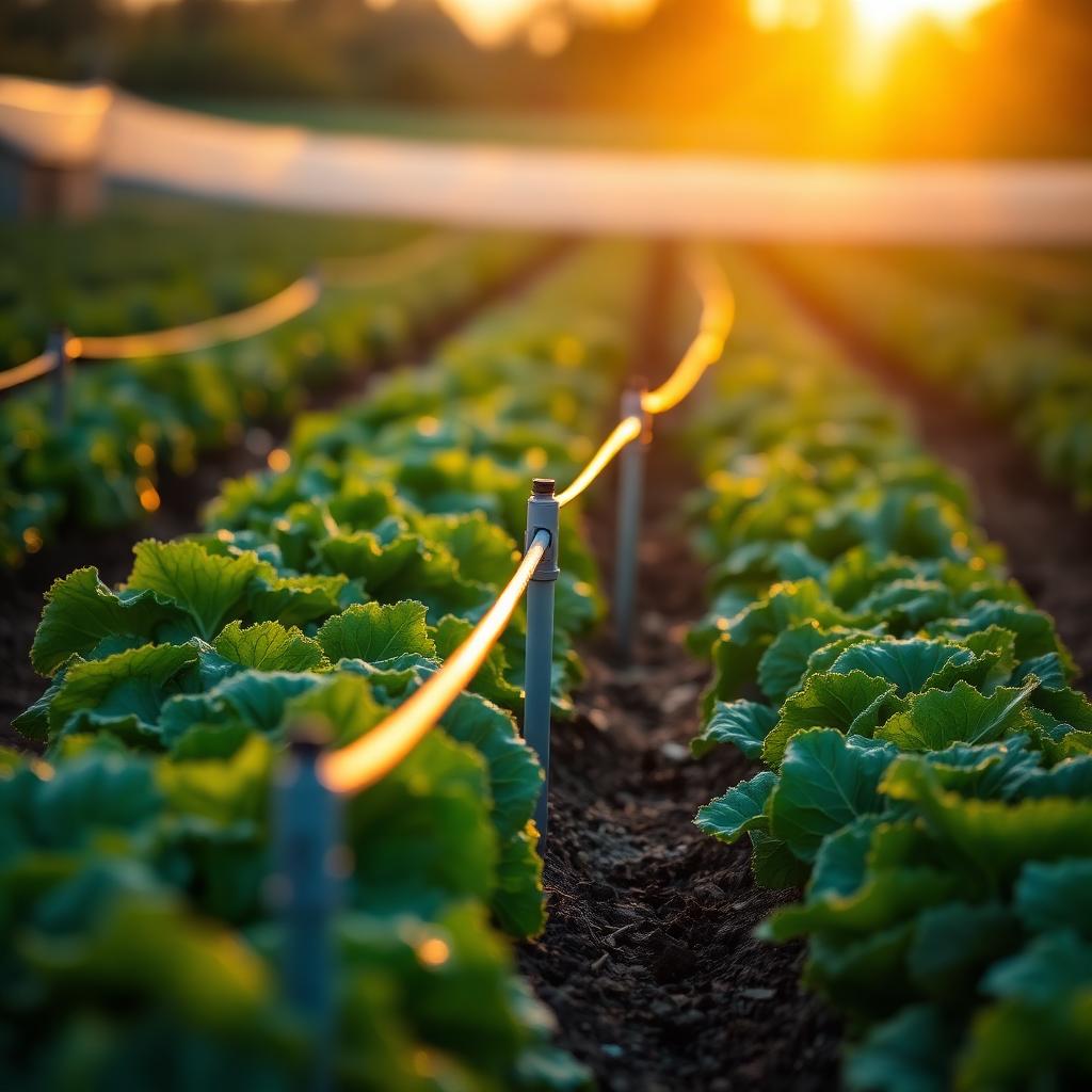 Drip irrigation lines running between rows of leafy vegetables on a small farm at golden hour, emitters dripping onto dark moist soil between healthy green crops.