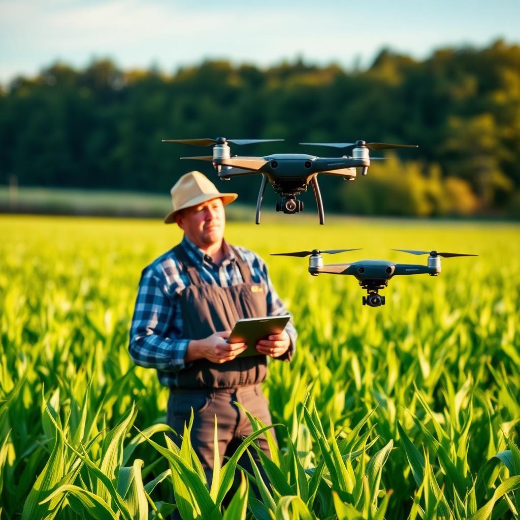 A farmer in a checked shirt and hat standing in a green cornfield holding a tablet controller while a quadcopter agricultural drone hovers overhead capturing imagery, with a distant tree line under a bright afternoon sky.