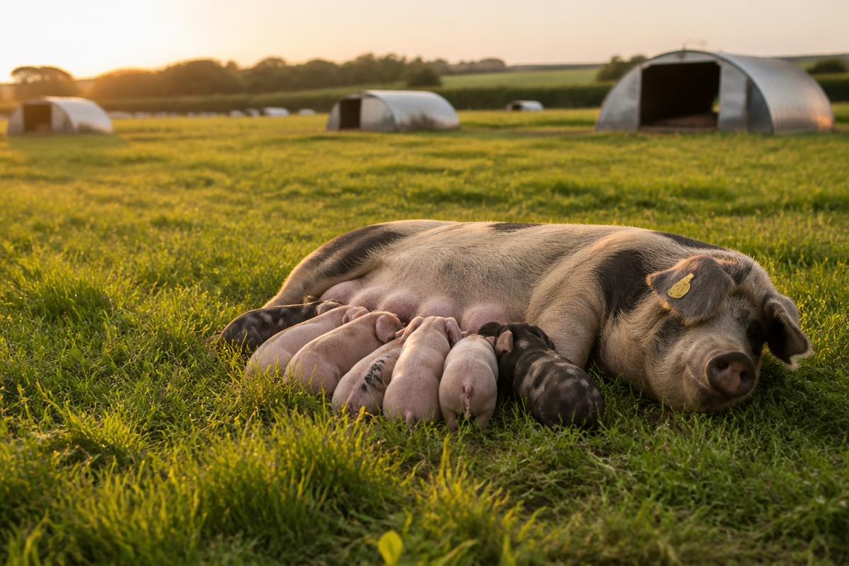 Sow with piglets in a wooden farrowing hut on a lush green pasture.