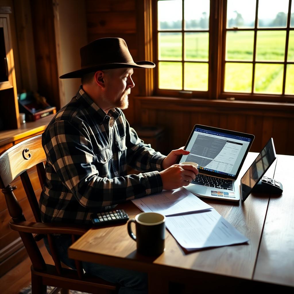 A farmer in a checked shirt and wide-brimmed hat sitting at a wooden farmhouse table reviewing loan paperwork on a laptop, with a coffee mug, calculator and green pasture visible through the window in warm morning light.