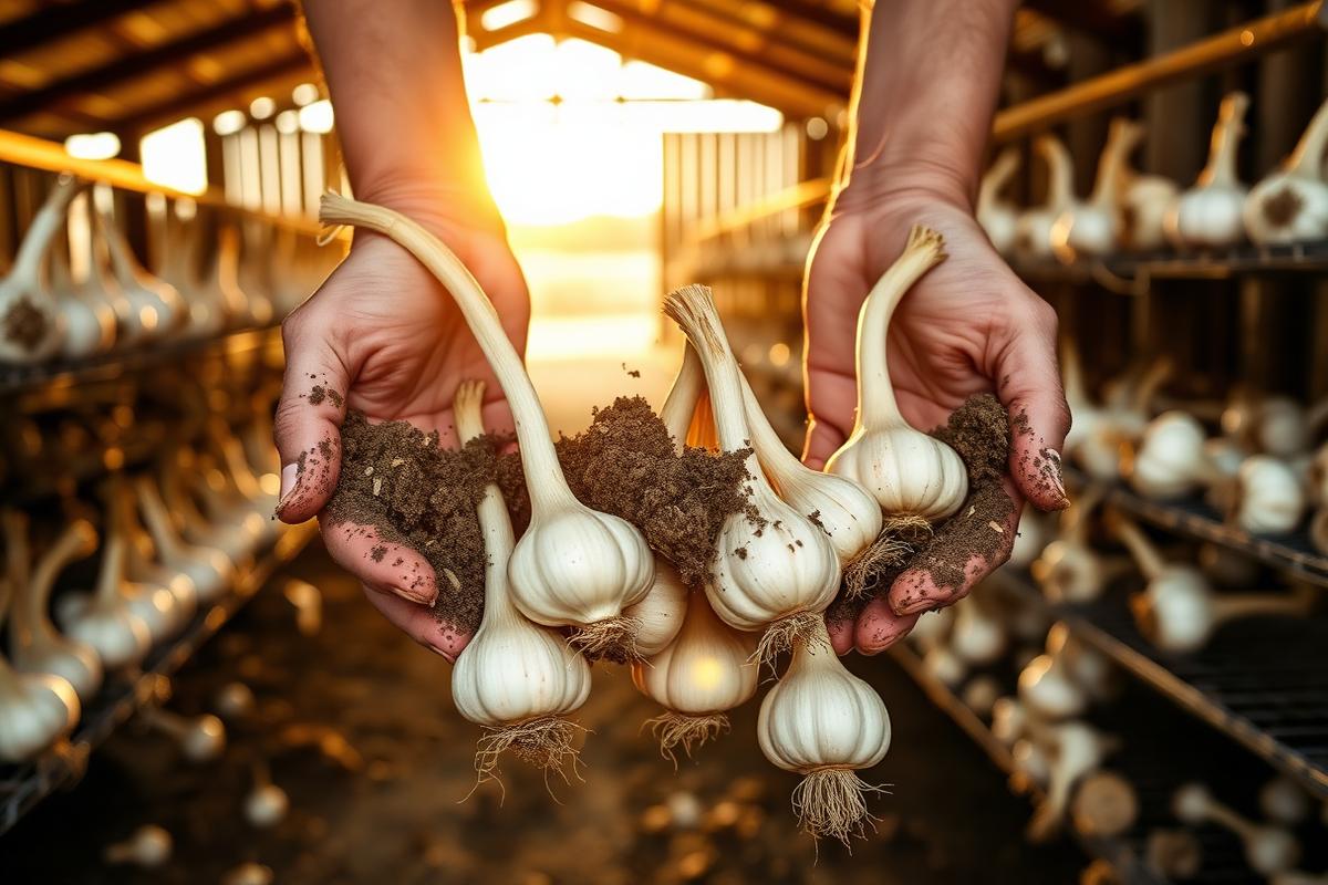 Soil-covered hands holding freshly lifted garlic bulbs in front of barn drying racks at golden hour.