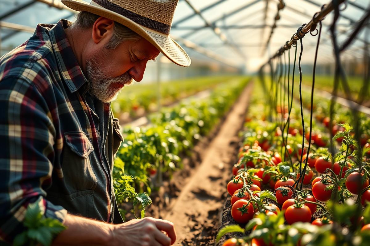 A grower inspecting a drip-irrigated row of ripening greenhouse tomatoes in warm natural light.