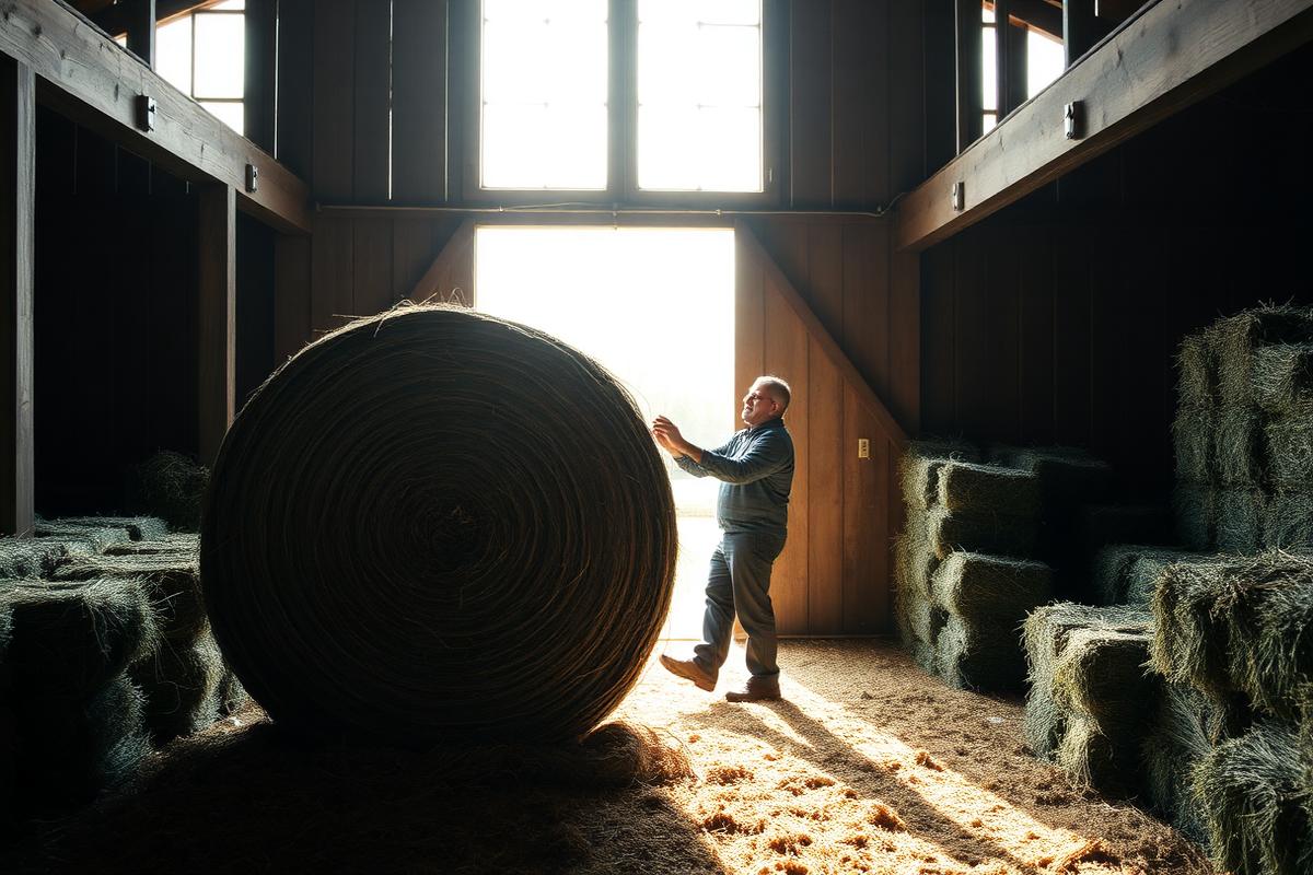 A farmer inspecting a large round hay bale inside a timber barn, stacked square bales of green hay along the walls and sunlight streaming through the open barn door.