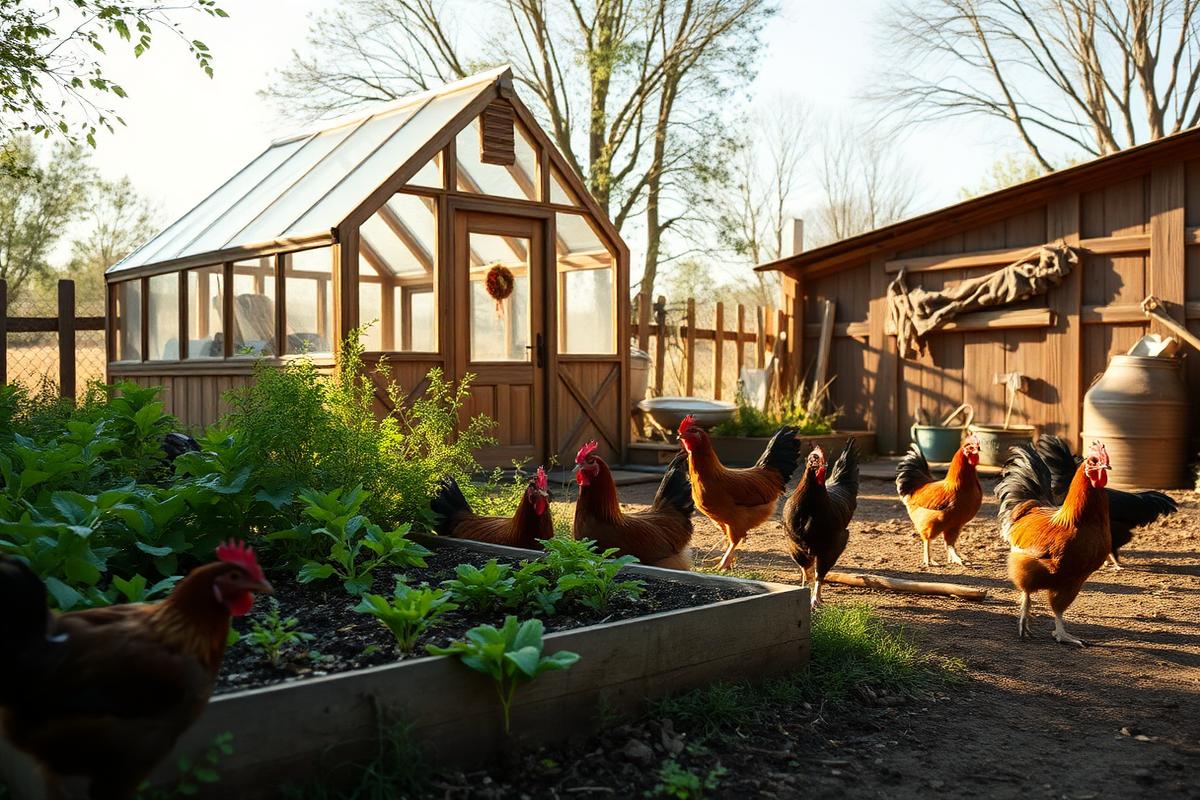 A small homestead with chickens roaming near a raised vegetable garden and a wooden greenhouse in warm afternoon light.