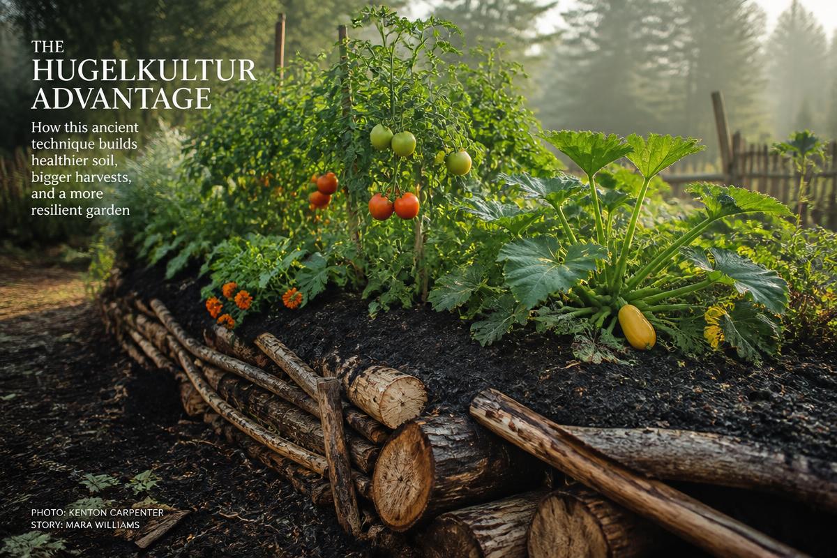 A large mound of soil and wood used in a hugelkultur garden bed.