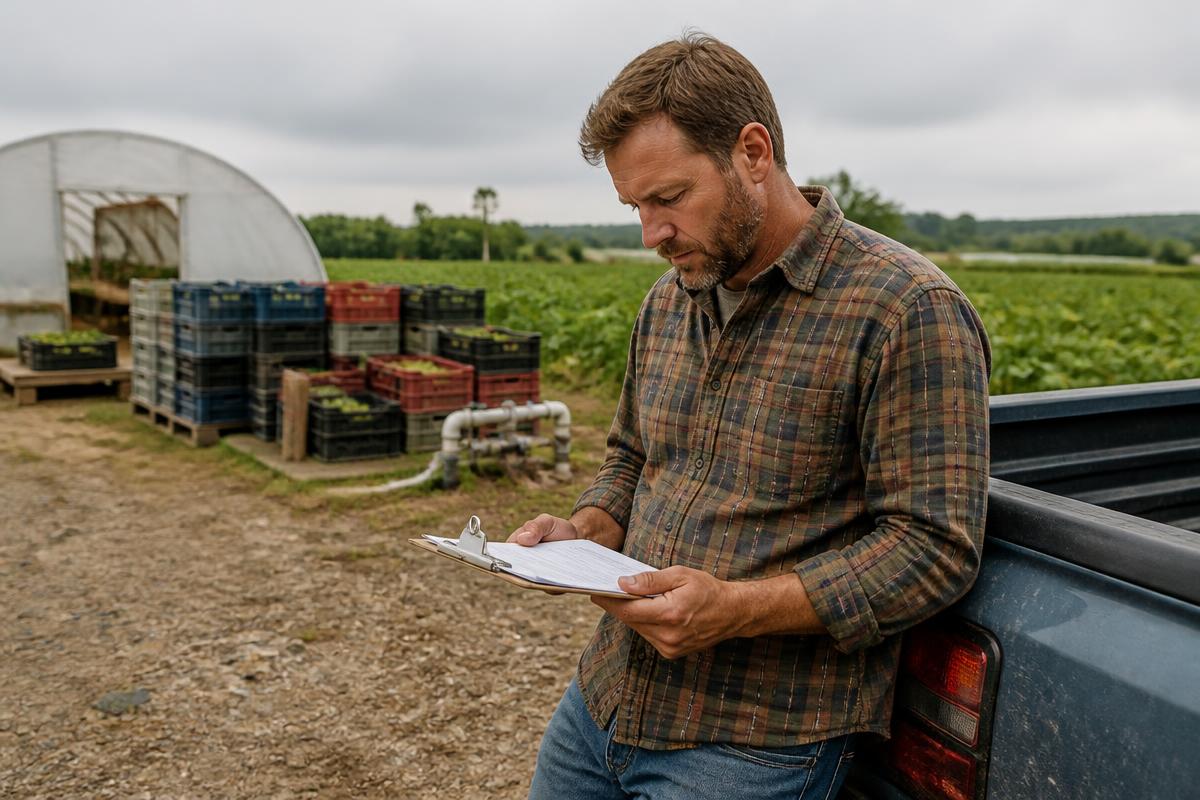 Vegetable grower reviewing insurance documents beside a pickup, hoop house, packed produce crates, irrigation equipment, and cultivated fields under a cloudy sky.