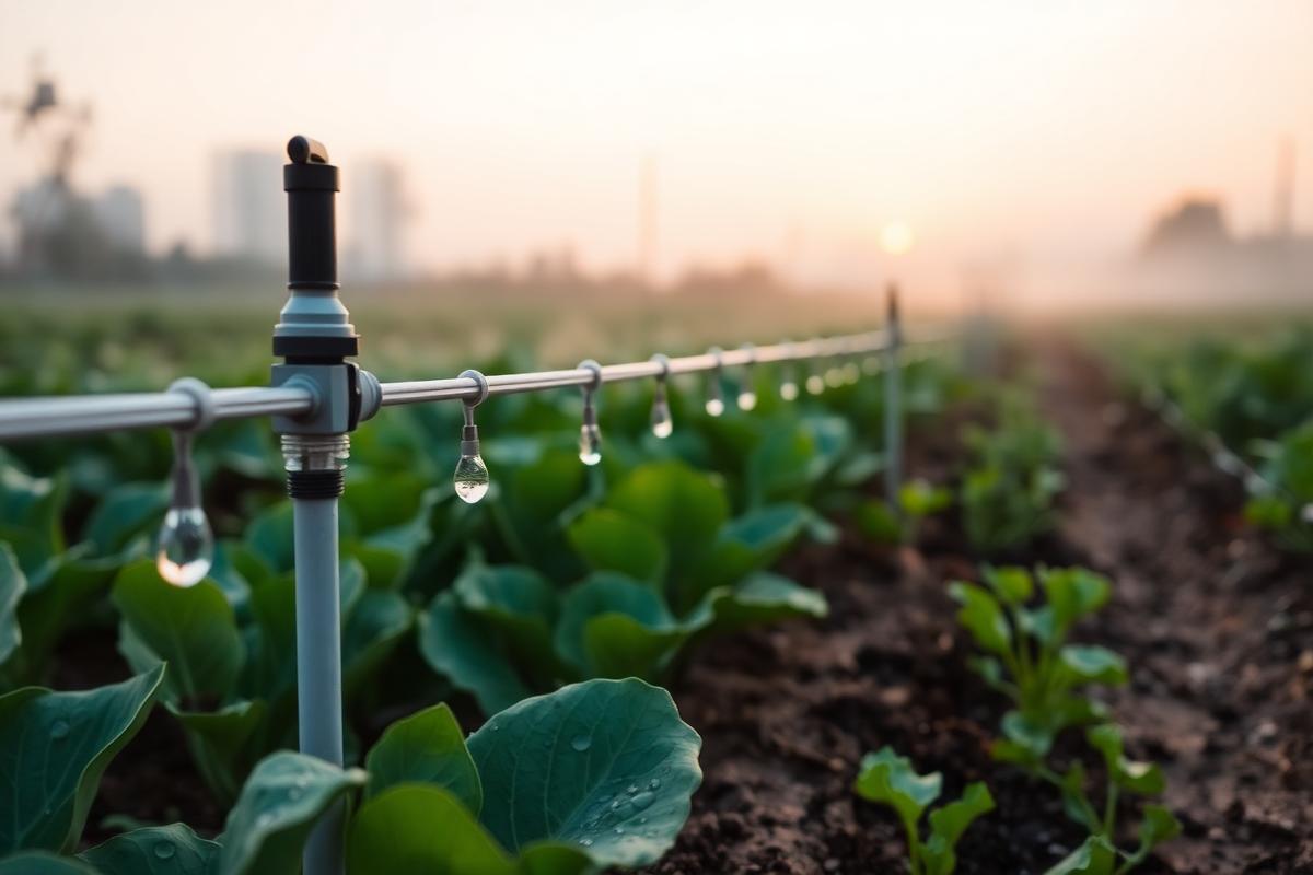 A modern drip irrigation line running through a row of lettuce at dawn, with visible water droplets on the leaves.