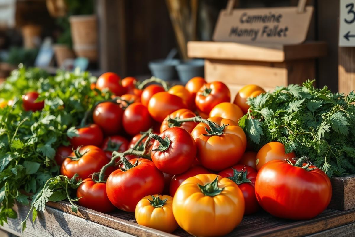 A rustic wooden farmers market stall stacked with vibrant heirloom tomatoes and fresh herbs in morning sunlight.