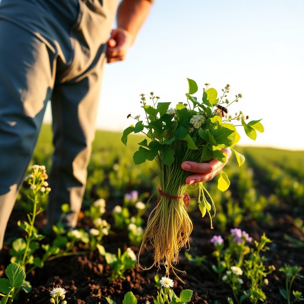 A farmer's hand holding a bundle of freshly pulled cover-crop plants with long white roots and dark crumbly soil clinging to them, with clover and vetch flowers and a bee in the surrounding field at golden hour.