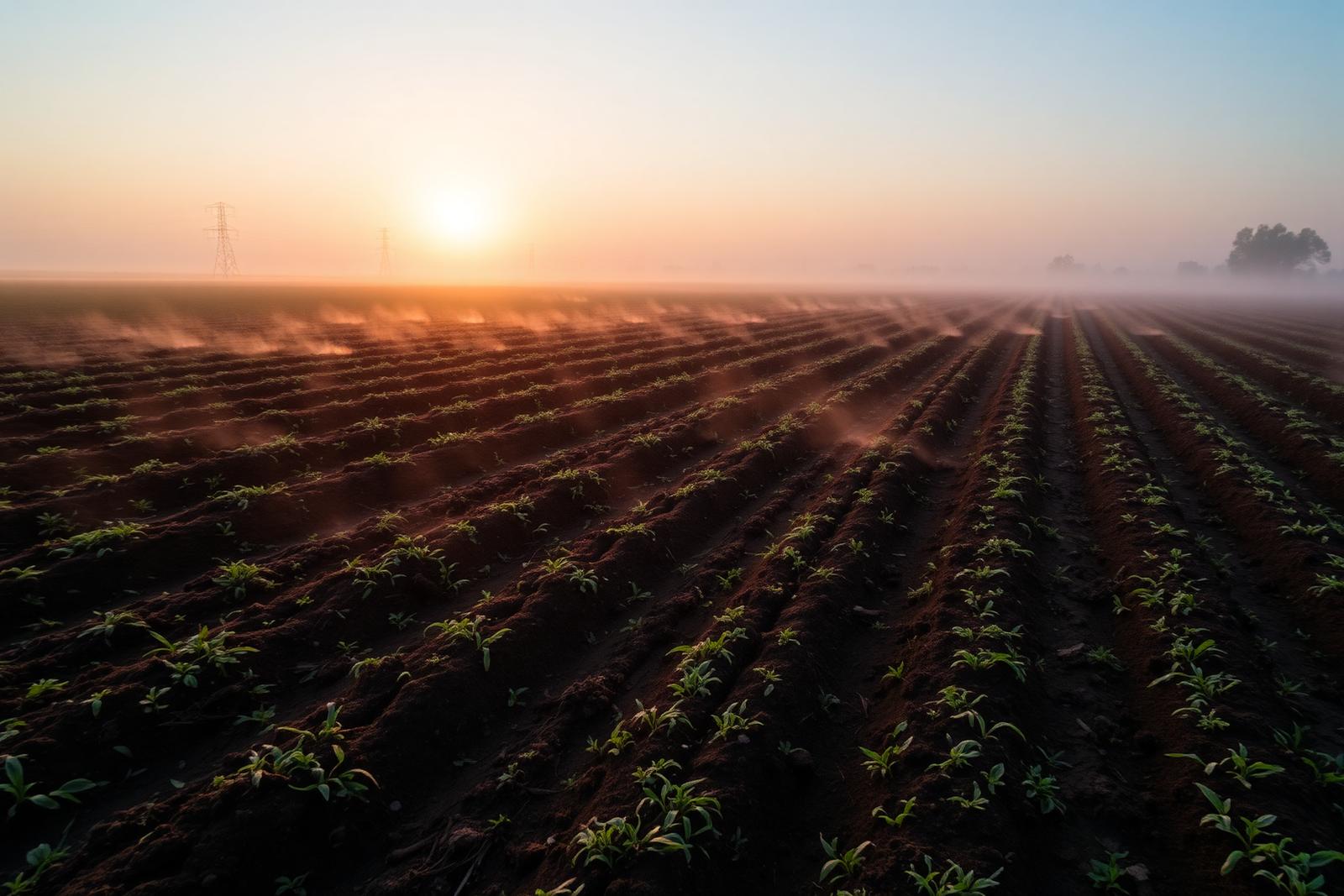 A no-till field at sunrise with cover crop residue on the soil surface and rows of young seedlings emerging through the mulch.