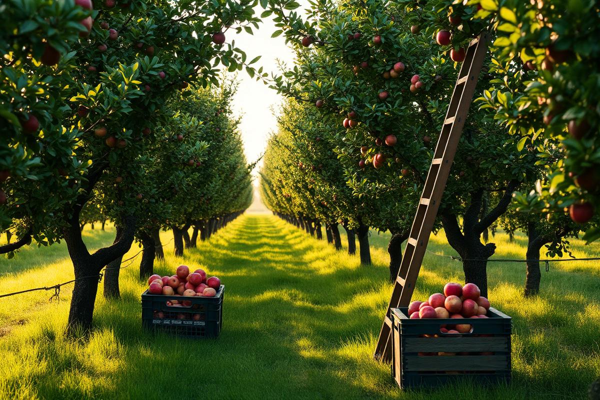 Rows of mature apple trees in a small orchard in late summer light, grass alleys between the rows, a wooden ladder against a trunk and crates of red apples ready for harvest.