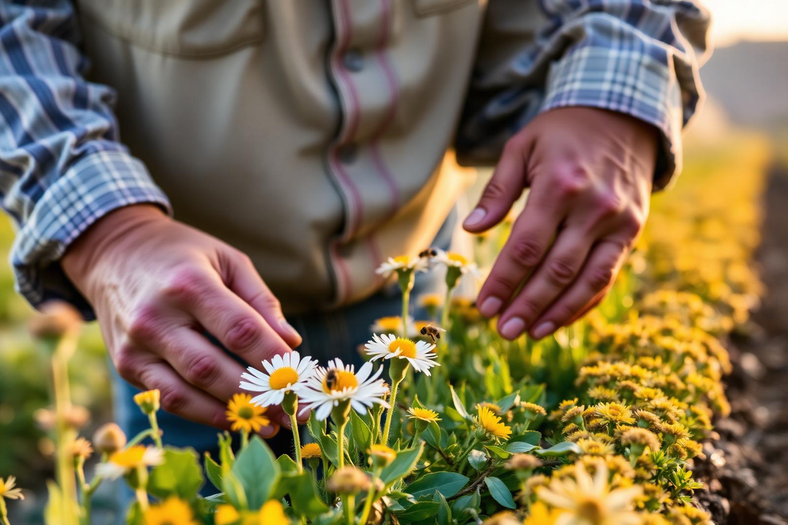 A farmer's hands inspecting a wildflower strip along the edge of a cultivated field, with honeybees on daisy and yellow blossoms at golden hour.
