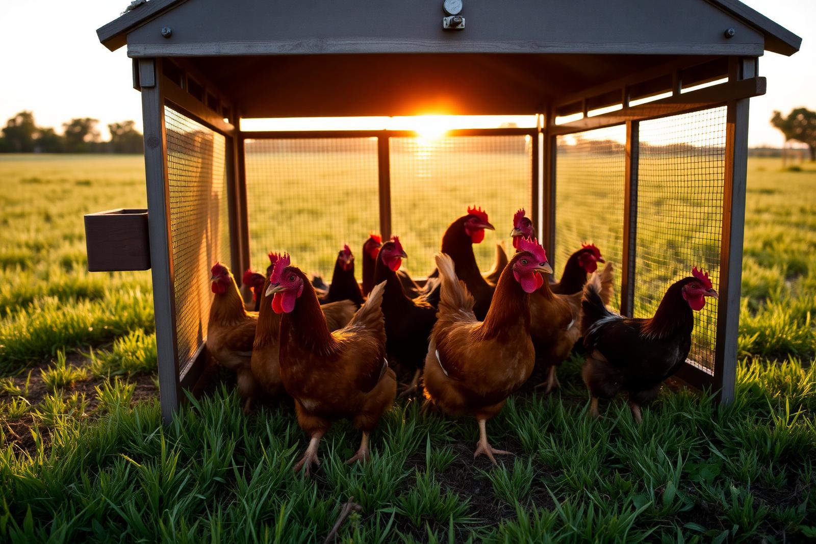 Pasture-raised chickens gathered inside a mobile coop on green pasture at golden hour, with the sun setting behind them.