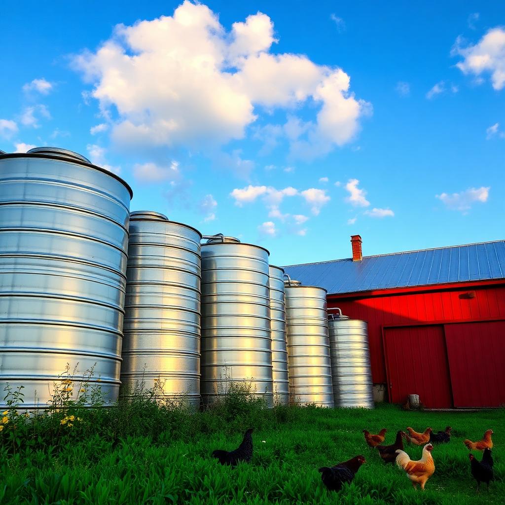 A row of tall galvanized-steel rainwater harvesting tanks connected by pipes beside a red metal-roofed barn, with lush green grass, chickens foraging in the foreground and a bright blue sky with scattered clouds overhead.