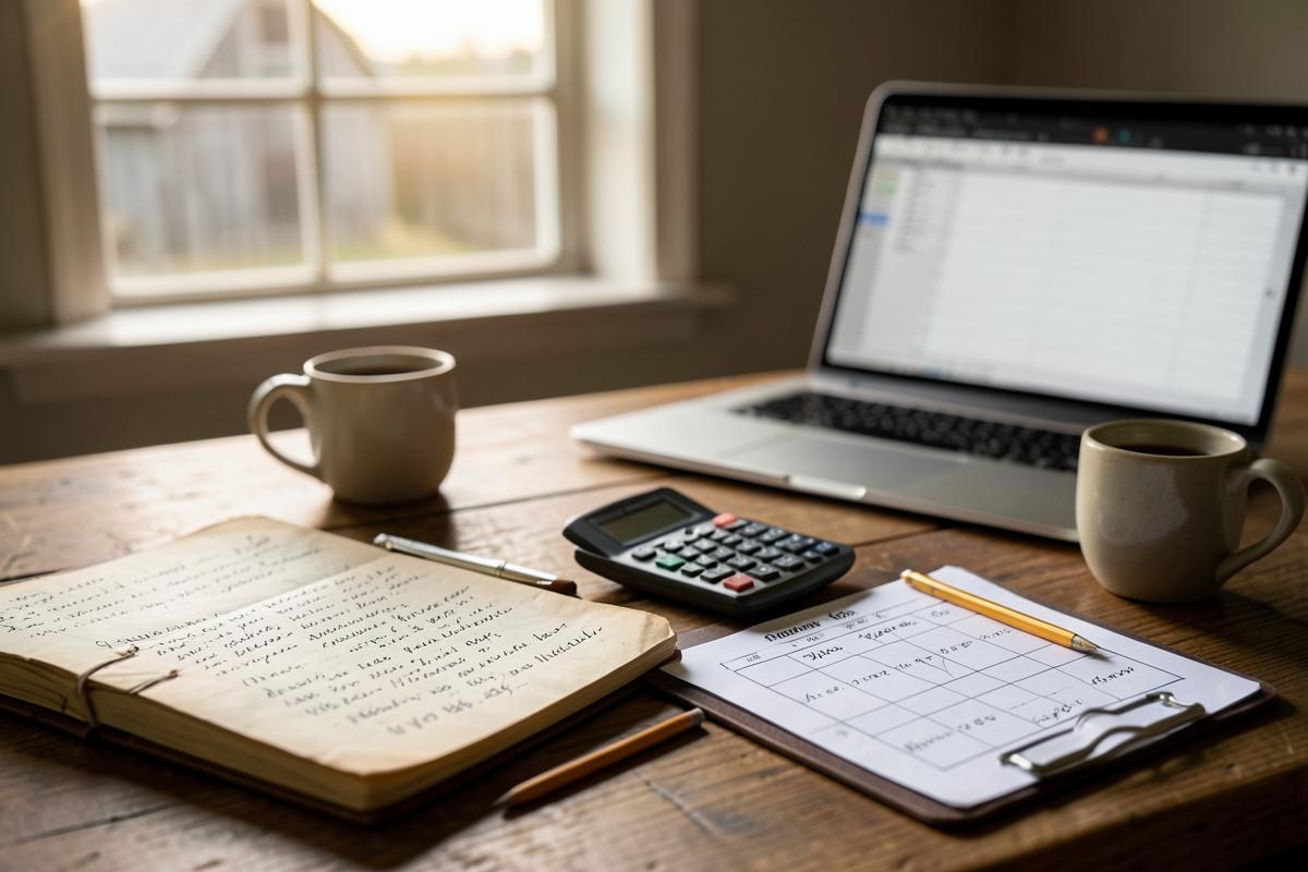 A farm office desk with a handwritten crop record ledger, calculator and seeding schedule beside a laptop.