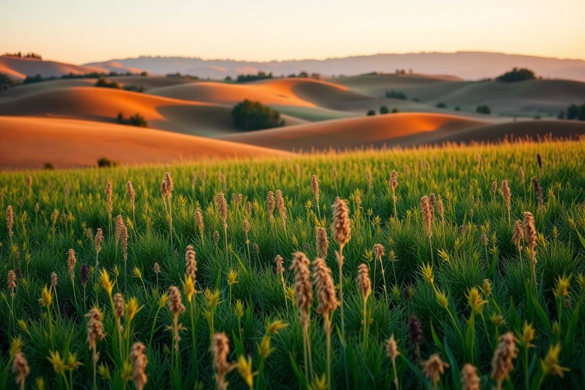 A diverse regenerative pasture with mixed grasses and wildflowers rolling toward golden hills at sunset.