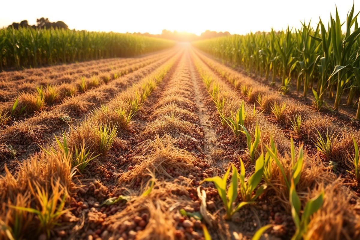 Rows of a mixed cover-crop field with crimped residue and young corn emerging, backlit at sunset.