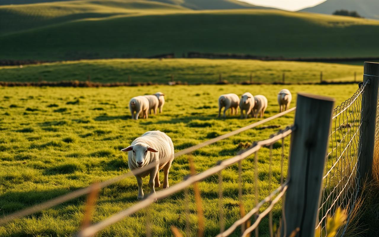 A small flock of white-faced sheep grazing a lush green paddock behind portable electric netting on a smallholding, with rolling pasture and a weathered wooden fence line in late afternoon sunlight.