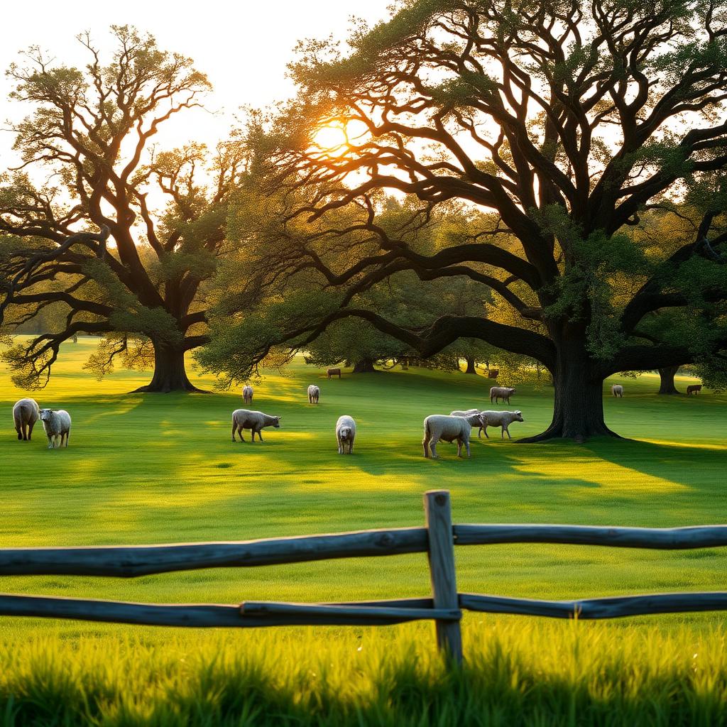 A silvopasture at golden hour: widely spaced mature oak and locust trees shading sheep and cattle grazing on a green rolling pasture behind a split-rail fence.