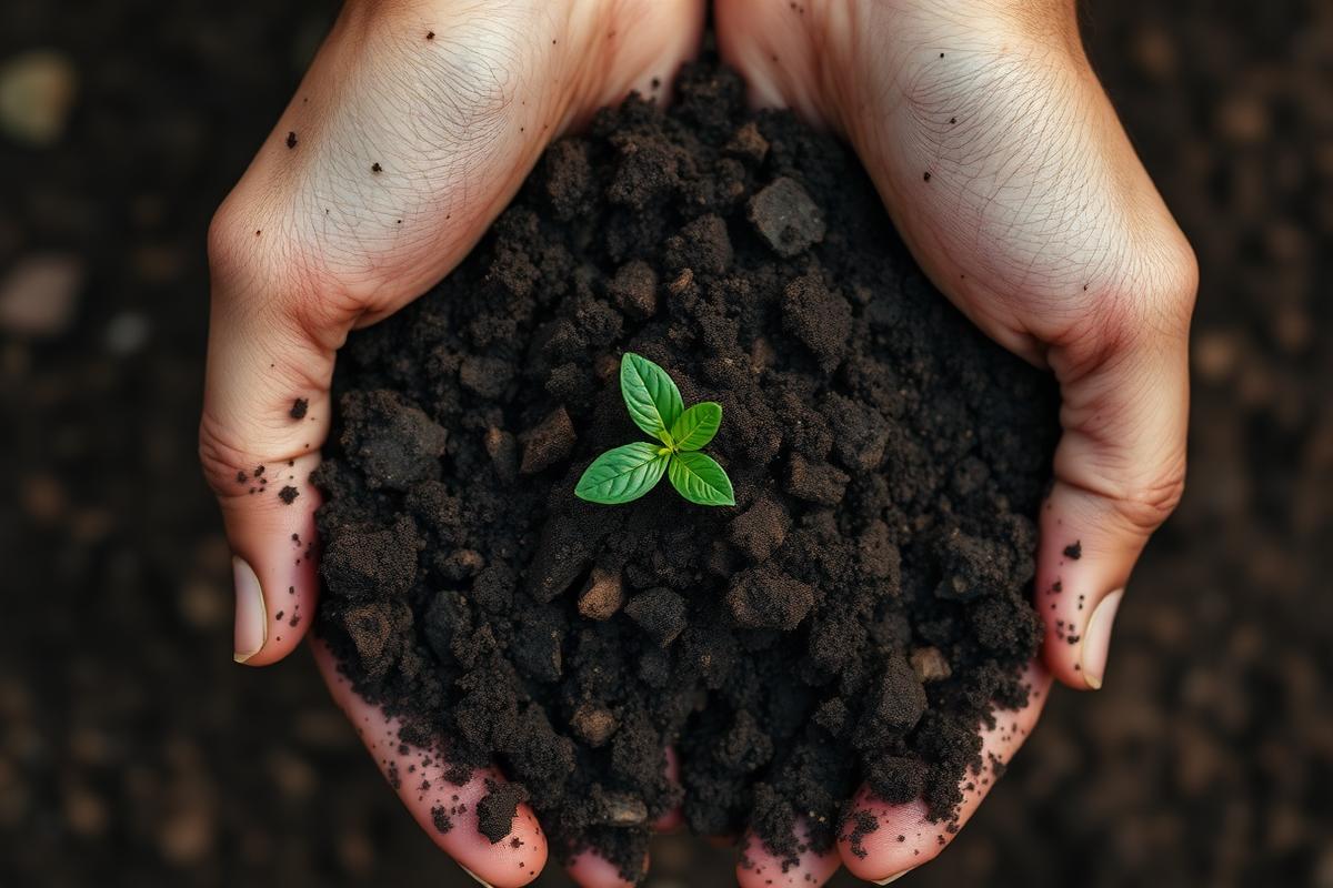 Two hands cupping dark, crumbly loam with a small green seedling emerging from the center.
