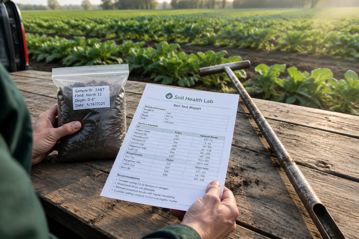 A grower holding a labelled soil sample bag and a printed soil test report on a wooden tailgate beside a soil probe at the edge of a vegetable field.