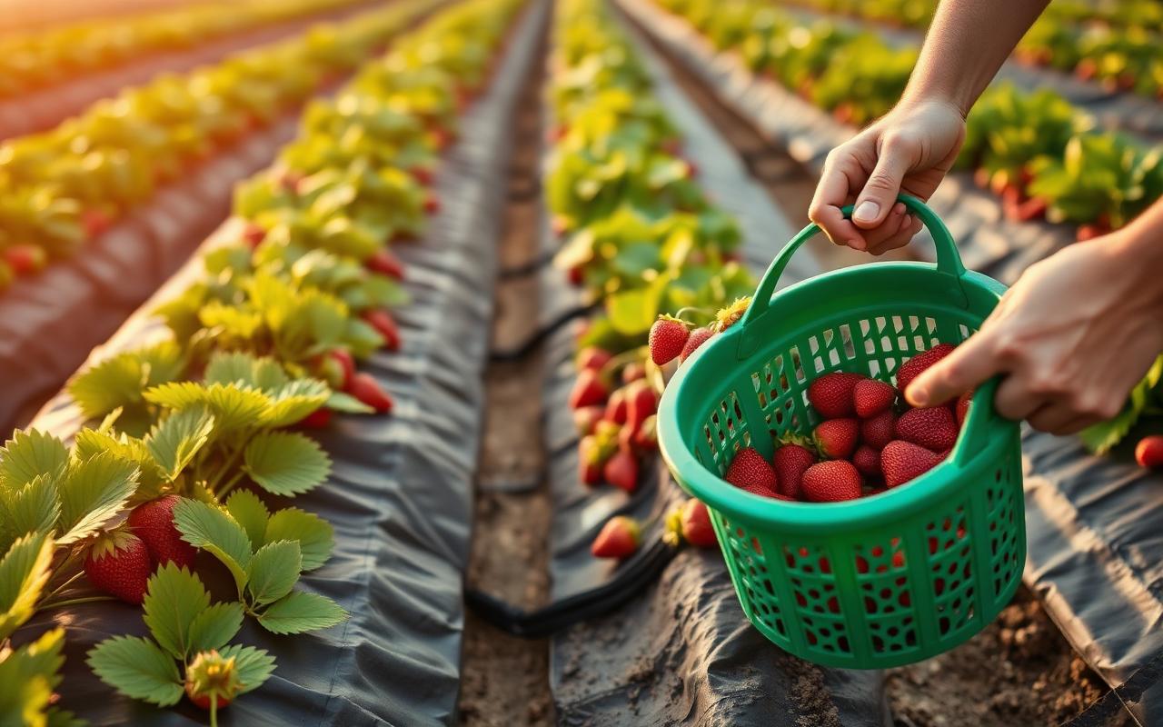 Rows of strawberry plants on black plastic mulch beds with drip irrigation, ripe red berries and a grower's hands harvesting into a green pint basket in warm morning light.