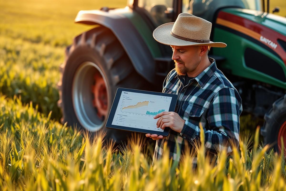A farmer in a checked shirt reviewing colorful field-data charts on a tablet next to a green tractor in a wheat field.