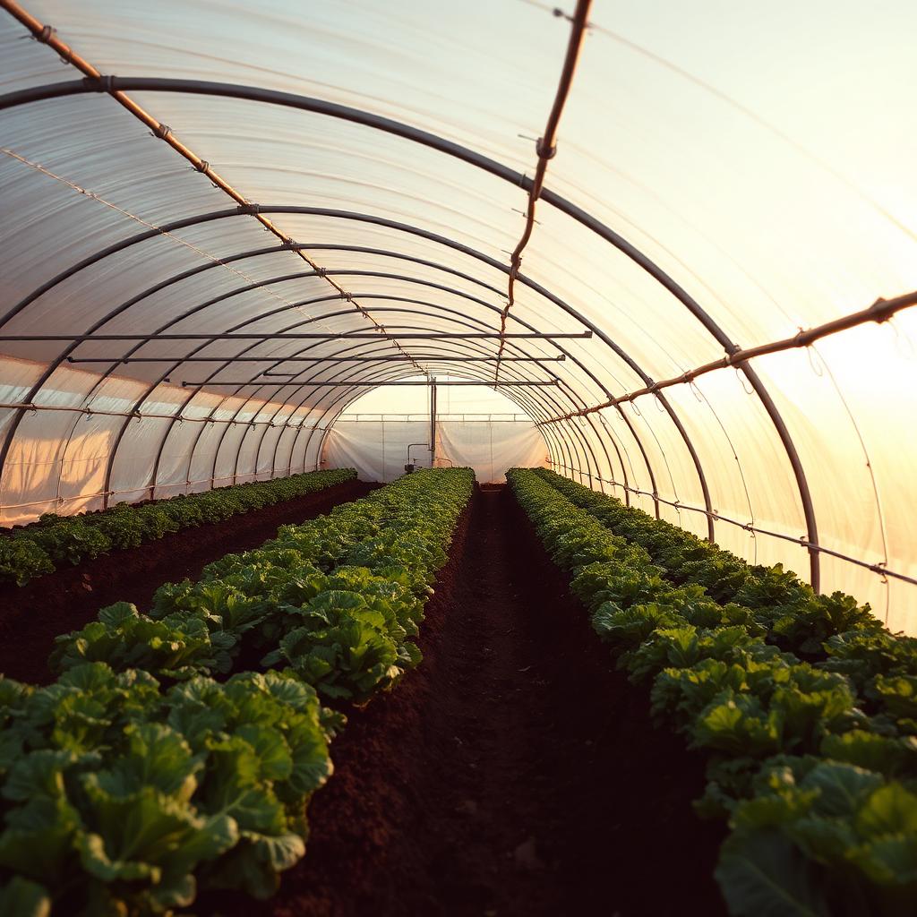 Inside a caterpillar tunnel at dawn: long low arched hoops covered in translucent white plastic shelter dense rows of kale, lettuce and spinach growing in dark soil.