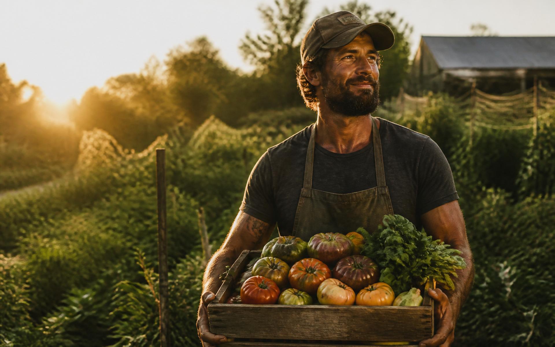 A farmer at golden hour carrying a wooden crate of heirloom tomatoes through a vegetable field.